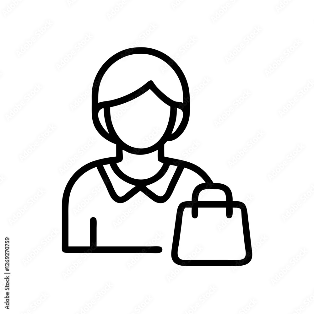 Vector outline shopping assistant icon holding a bag representing retail support and service Vector outline shopping assistant icon holding a bag representing retail support and service