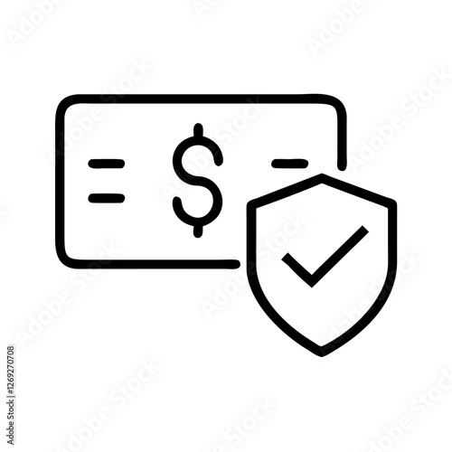 Vector outline secure payment icon featuring dollar bill and shield representing financial security