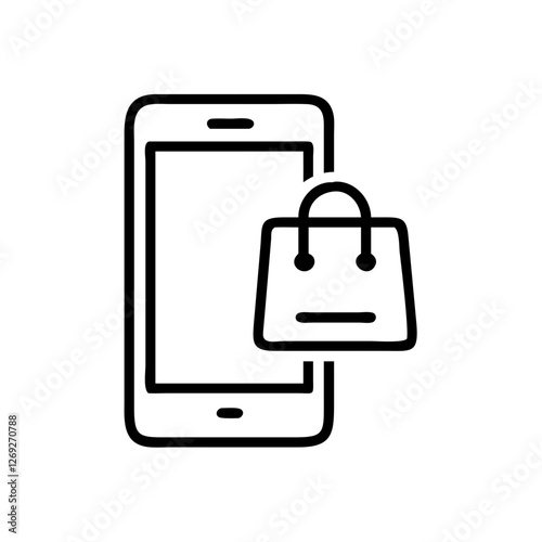 Vector outline smartphone shopping icon with shopping bag representing e-commerce
