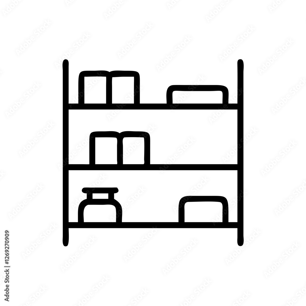 Vector outline store shelves icon displaying various containers and products Vector outline store shelves icon displaying various containers and products