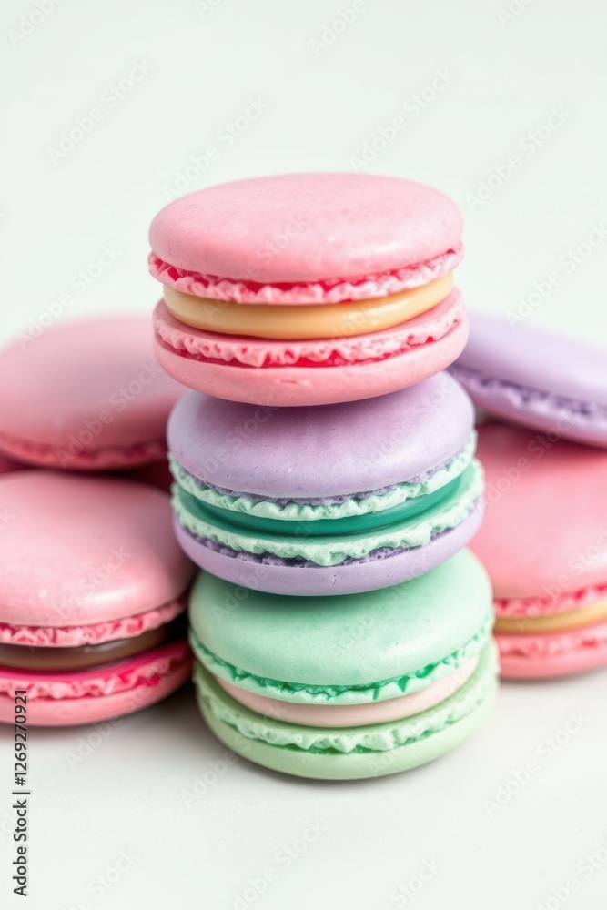 Fototapeta premium Colorful stacked macarons: a delightful confectionery tower of pastel hues against a clean, bright backdrop.