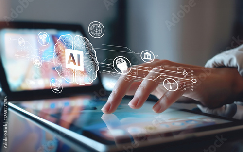 Human interact with AI artificial intelligence brain processor in concept of AI artificial intelligence engineering, big data and AI machine learning to use generative AI for business support. EIDE photo