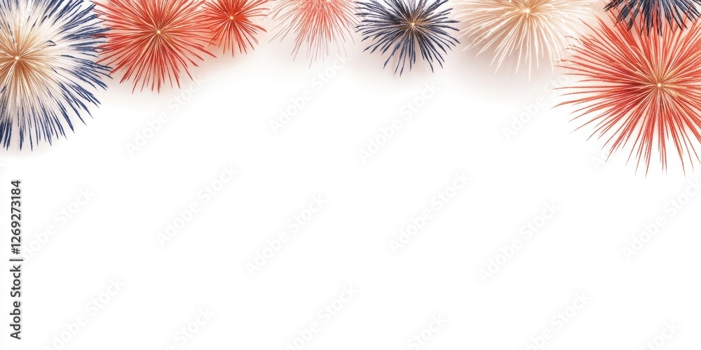 Fototapeta premium Colorful festive firework bursts on white background