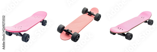 Set of A vibrant pink skateboard resting on a wooden ramp, ready for action on transparent png background. Ai generated