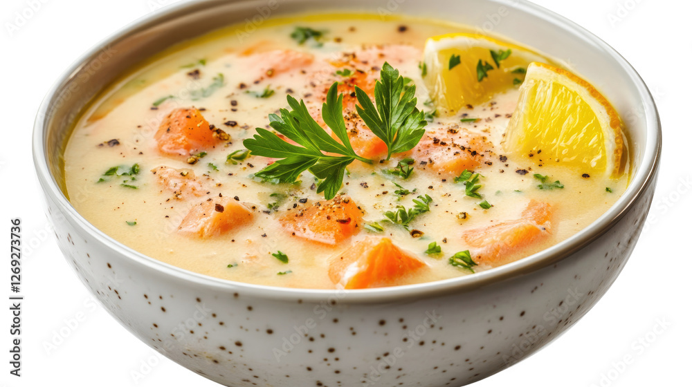 Creamy Salmon Soup: A delectable bowl of creamy salmon soup is presented, showcasing the rich textures of tender salmon chunks, delicate herbs, and a zest of lemon. Creamy Salmon Soup: A delectable bowl of creamy salmon soup is presented, showcasing the rich textures of tender salmon chunks, delicate herbs, and a zest of lemon.