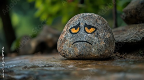 A saddened rock with painted eyes expressing emotions in a natural setting. photo