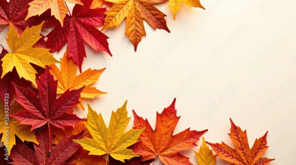 Autumnal Foliage Arranged in a Corner Design on a Pale Background, Perfect for Seasonal Greetings or Festive Decorations Autumnal Foliage Arranged in a Corner Design on a Pale Background, Perfect for Seasonal Greetings or Festive Decorations
