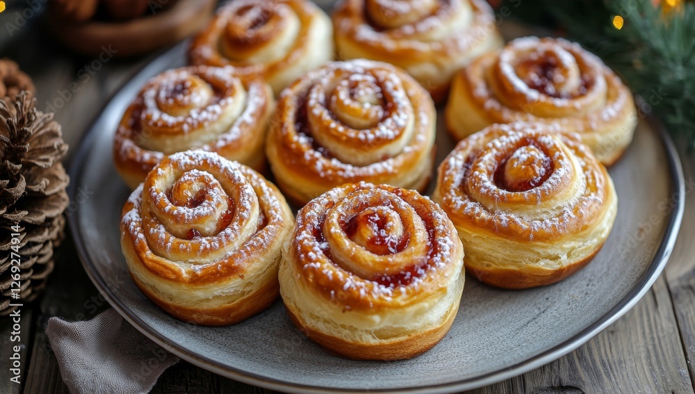Festive cinnamon rolls with jam filling on a plate, decorated wooden table with pine cones and lights Festive cinnamon rolls with jam filling on a plate, decorated wooden table with pine cones and lights