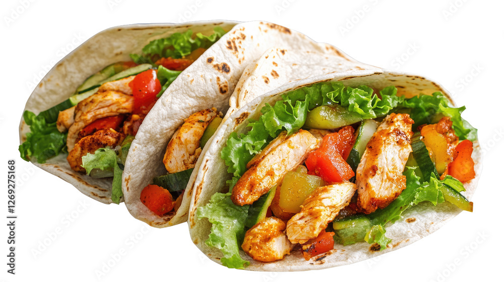 Delicious Tacos: A mouthwatering shot of three freshly prepared tacos, bursting with vibrant fillings, appetizing chicken, crisp lettuce and assorted vegetables. Delicious Tacos: A mouthwatering shot of three freshly prepared tacos, bursting with vibrant fillings, appetizing chicken, crisp lettuce and assorted vegetables.