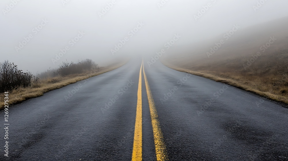 Fototapeta premium Foggy Road Disappearing Into The Mist