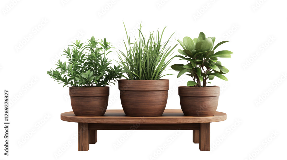 Fototapeta premium Trio of Potted Plants on Wooden Shelf: A harmonious composition of three potted plants, each showcasing distinct foliage, resting on a rustic wooden shelf, creating a serene and natural aesthetic.