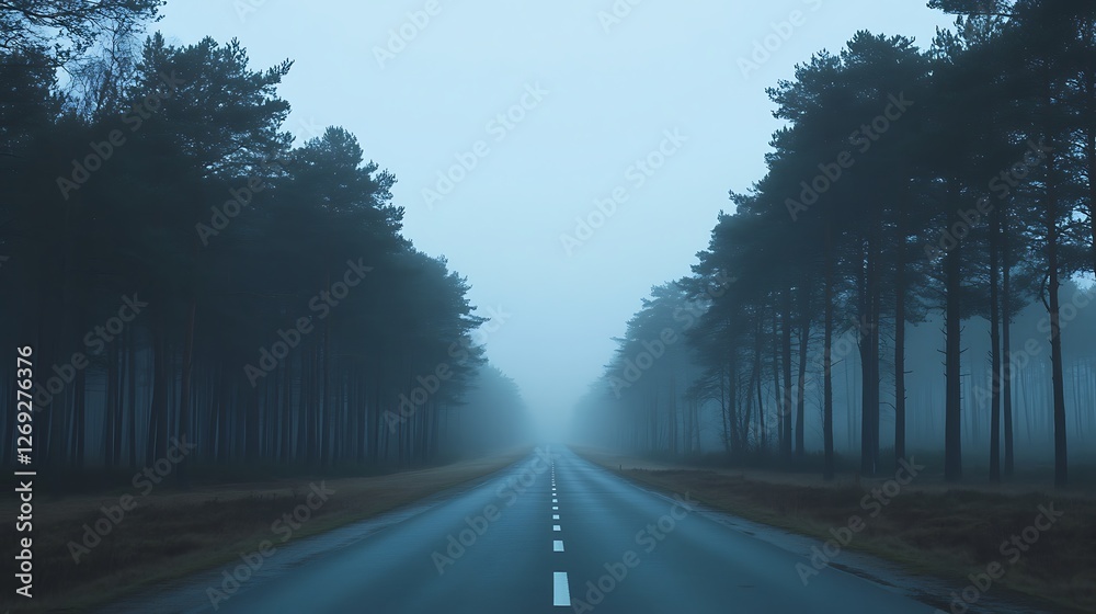 Fototapeta premium Foggy Road Through A Dark Pine Forest