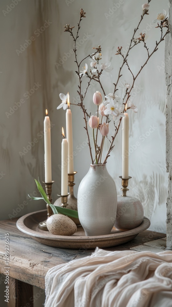 Elegant spring centerpiece featuring flowers and candles on rustic wooden table Elegant spring centerpiece featuring flowers and candles on rustic wooden table