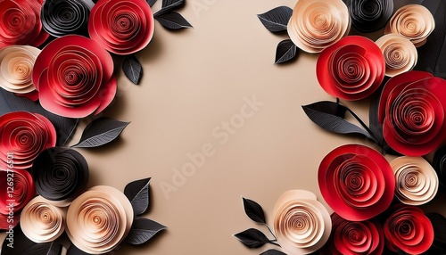 Generated image Delicate arrangement of 3D paper roses in red and black tones borders a beige background