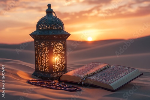 Desert Sunrise, Quran, Lantern, Prayer Beads photo