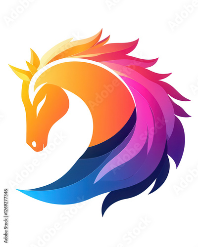 Horsehead logo with a flowing mane in a gradient of warm and cool colors photo