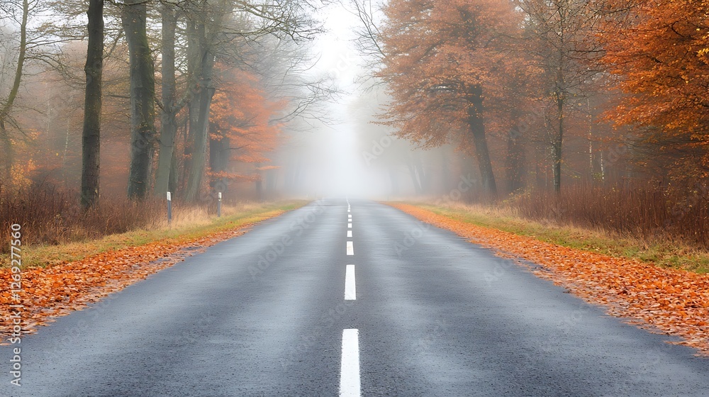 Fototapeta premium Autumn Road Through Foggy Forest Trees