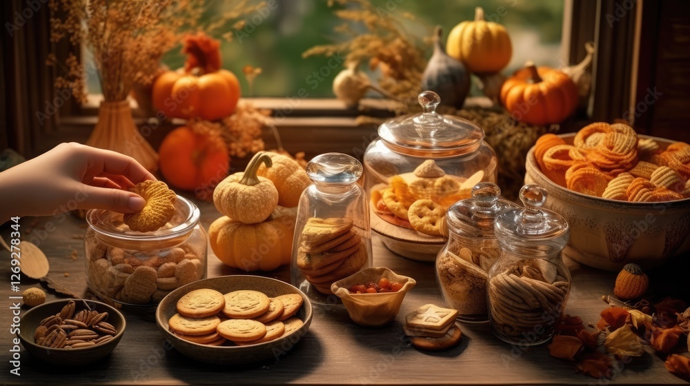 Autumn treats displayed on a rustic table with colorful cookies and pumpkins during a cozy fall gathering Autumn treats displayed on a rustic table with colorful cookies and pumpkins during a cozy fall gathering