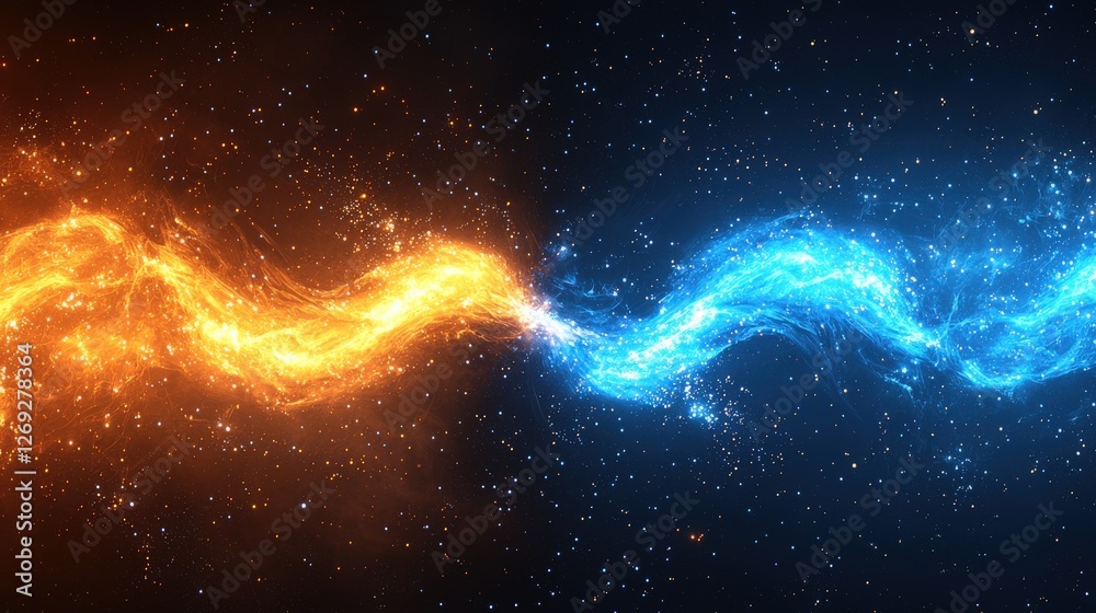 Two Opposing Currents of Glowing Blue and Orange Energy in Space Two Opposing Currents of Glowing Blue and Orange Energy in Space