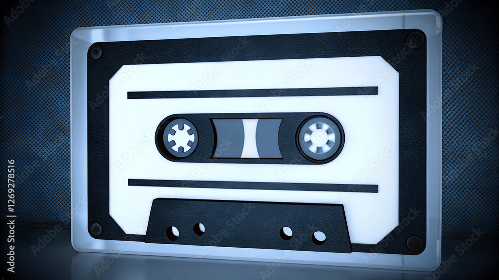 Fototapeta premium Realistic illustration of a vintage audio cassette tape on a dark background, representing nostalgia