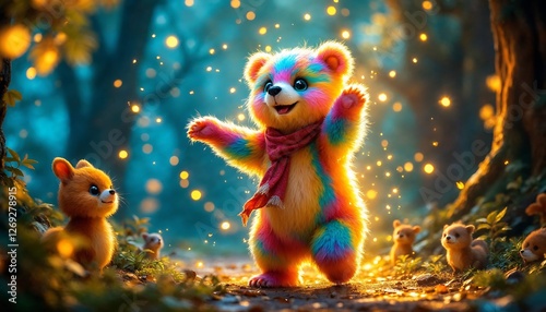 Colorful Teddy Bear Cub with Scarf Welcoming Friends in Forest Glade