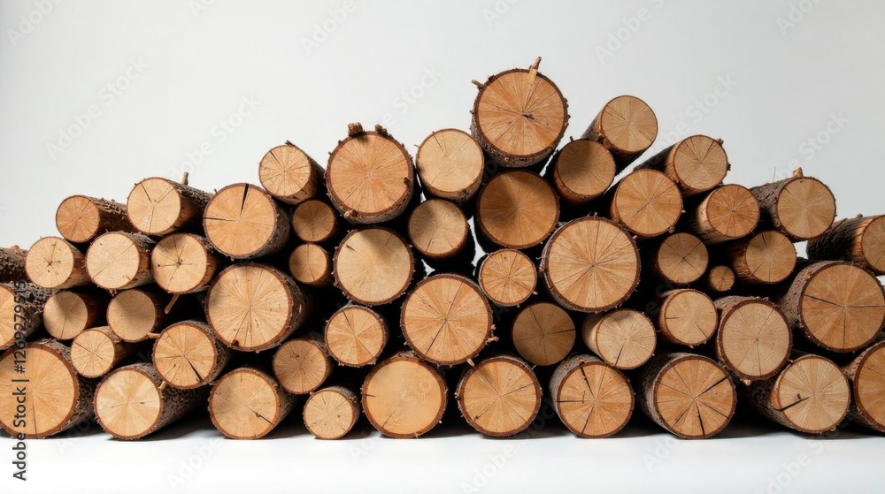 A Majestic Pile of Natural Wood Logs, Showing the Circular Cross-Sections of the Trunks, Arranged in a Picturesque Manner Against a Simple White Background A Majestic Pile of Natural Wood Logs, Showing the Circular Cross-Sections of the Trunks, Arranged in a Picturesque Manner Against a Simple White Background