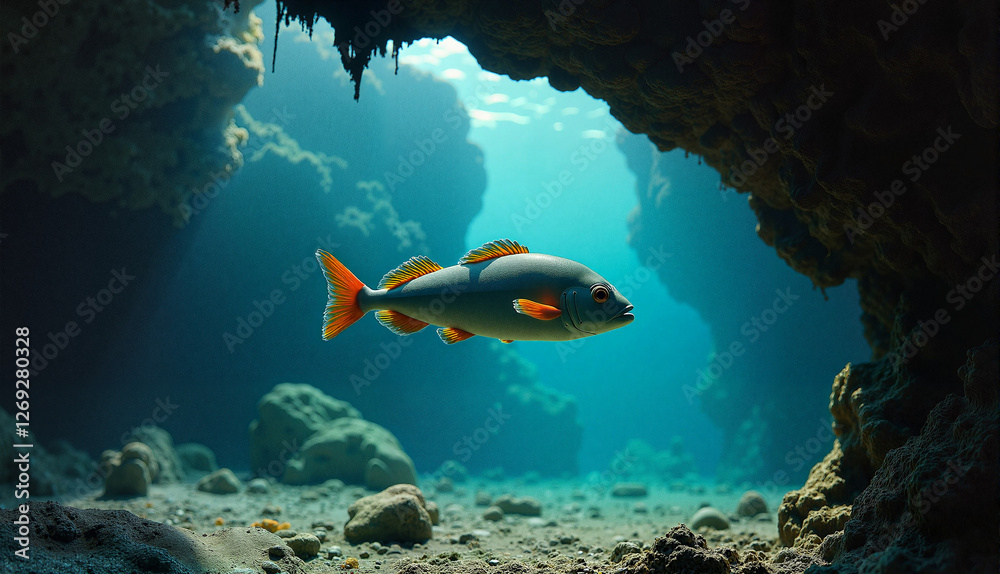 Fototapeta premium Grouper hovering near rock, curious mood, underwater scene in the marine environment