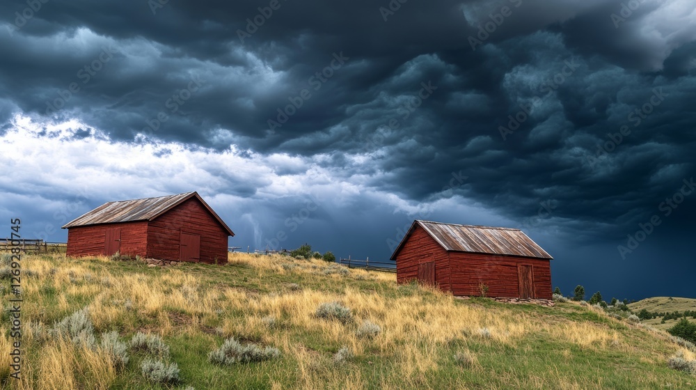 Rustic Red Sheds Under Ominous Skies Rustic Red Sheds Under Ominous Skies