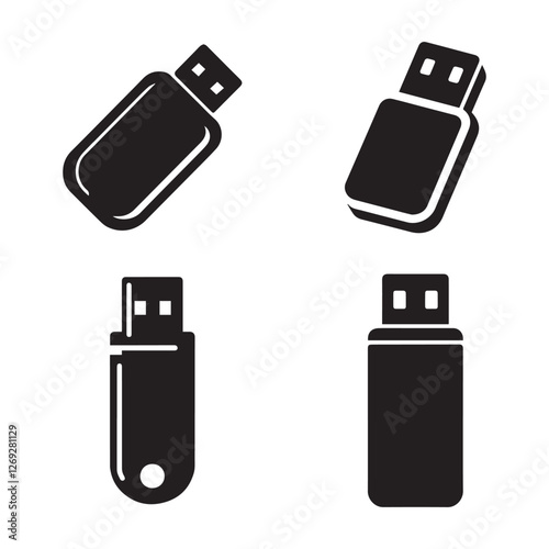 "Diverse USB Flash Drive Icons - Black and White Line Art of USB Flash Drives