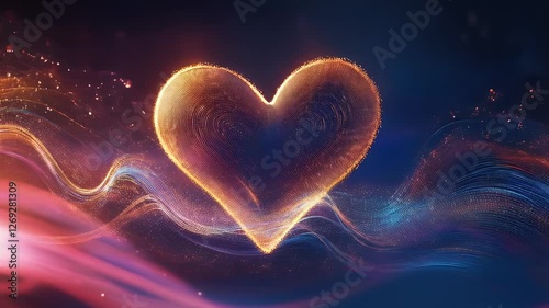 A glowing golden heart floats in a dreamy, futuristic atmosphere with flowing light waves, symbolizing love, warmth, and energy in a magical and surreal setting