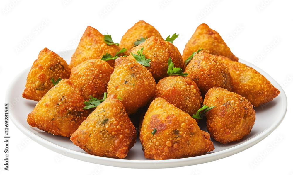 Plate Full of Crispy Indian Samosas, Deep-Fried, Floral-Shaped, Triangular Pastries in Pop-Art Aesthetic, Studio Shot, White or Transparent Background Plate Full of Crispy Indian Samosas, Deep-Fried, Floral-Shaped, Triangular Pastries in Pop-Art Aesthetic, Studio Shot, White or Transparent Background