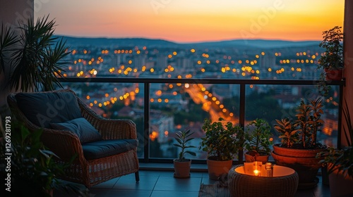 Cityscape sunset view from balcony, relaxing chair, plants photo