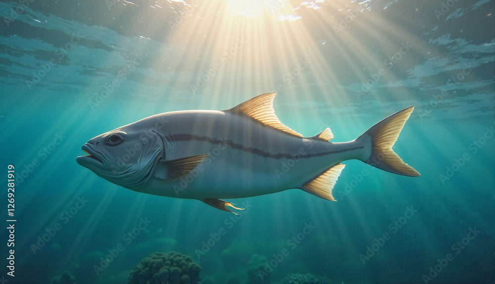 Fototapeta premium Ocean fish basking near surface, relaxed mood, sunlight streaming through water 