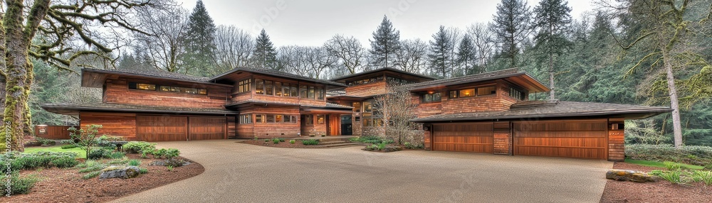 Modern home facade in forest setting. Landscaping and driveway in front. Estate, real-estate use Modern home facade in forest setting. Landscaping and driveway in front. Estate, real-estate use