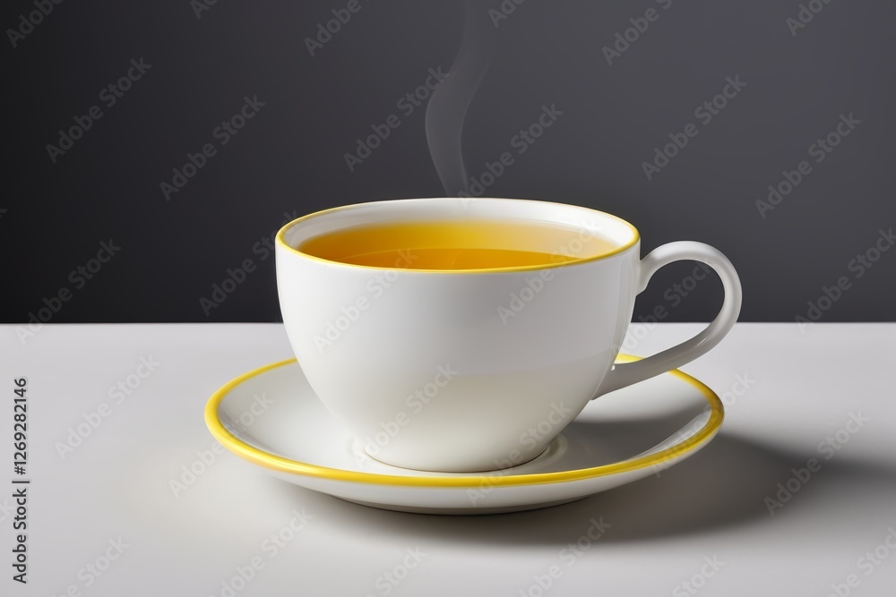 Obraz premium there is a cup of tea on a saucer with a yellow rim