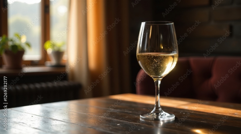 A glass of sparkling white wine rests on a dark wooden table, sunlight illuminating the scene through a nearby window A glass of sparkling white wine rests on a dark wooden table, sunlight illuminating the scene through a nearby window
