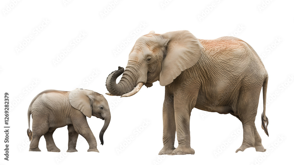 Obraz premium African Elephant Family Wildlife Herd, Baby and Mother with Grey Tusks in Nature, isolated on transparent background.