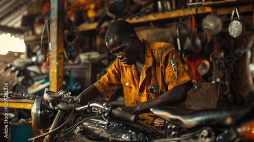 Amid Zambia?s rural backdrop; a mechanic skillfully repairs motorbikes in a humble workshop; his innovative approach with salvaged tools vital to local transportation.