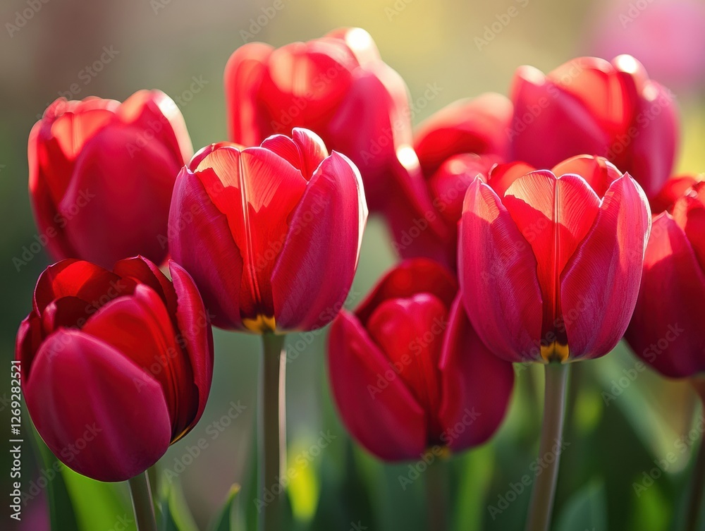 Vibrant red tulips bloom beautifully in sunny garden during springtime Vibrant red tulips bloom beautifully in sunny garden during springtime