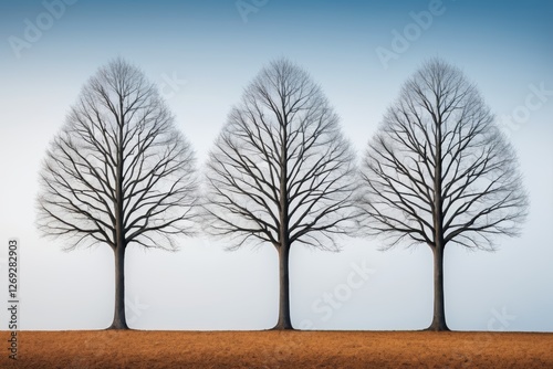 three trees with no leaves on them in a row on a field photo