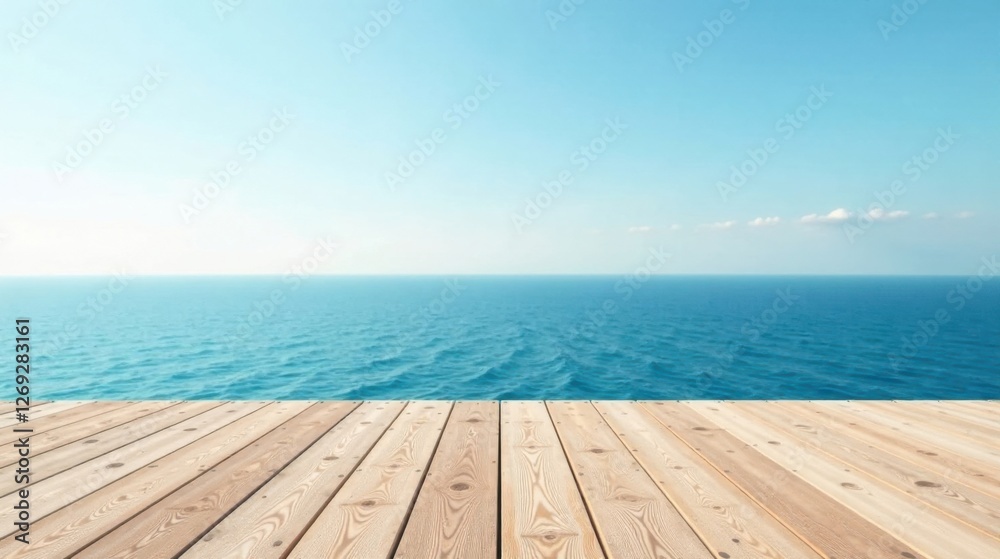 Fototapeta premium Serene Ocean View with a Wooden Deck Platform Ideal for Relaxation and Contemplation