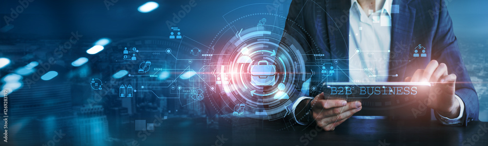 Businessman using tablet analyzing data trends, customer insights, supply chain efficiency, market opportunities, sales performance, operational costs, and partnership potential in B2B Business.