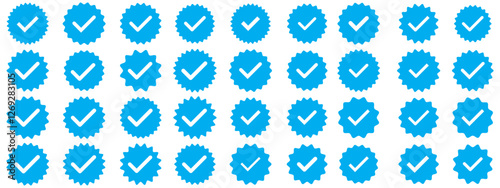 Verified badges. Verified badge vector icons. Verification symbol set. Social media account verification icons. Blue check mark icon. Profile verified badge. Approved check mark with tick simbol.