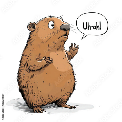 cartoon groundhog looking surprised and saying Uh oh with confused expression. This whimsical character captures playful moment