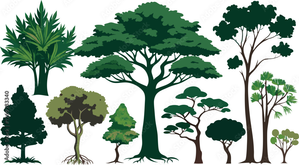 Fototapeta premium Collection of Green Tree Silhouettes Vector Illustration