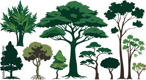 Collection of Green Tree Silhouettes Vector Illustration