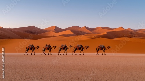 Camels walk in a caravan across the vast desert sand dunes during golden hour.