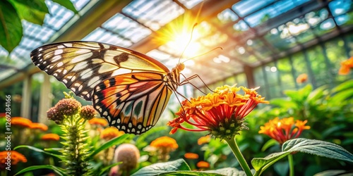 Tithorea Butterfly on Wildflower in Lush Conservatory - Stock Photo photo