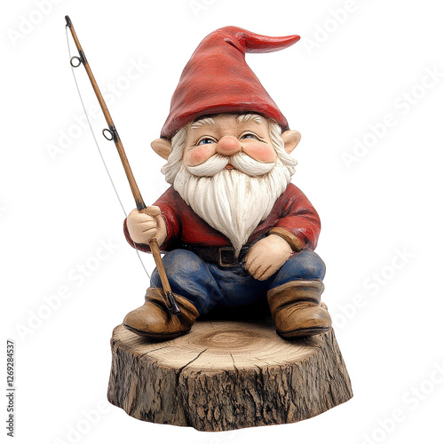 cheerful gnome with fishing rod sits on wooden stump, showcasing whimsical charm. This delightful garden decoration adds playful touch to outdoor spaces