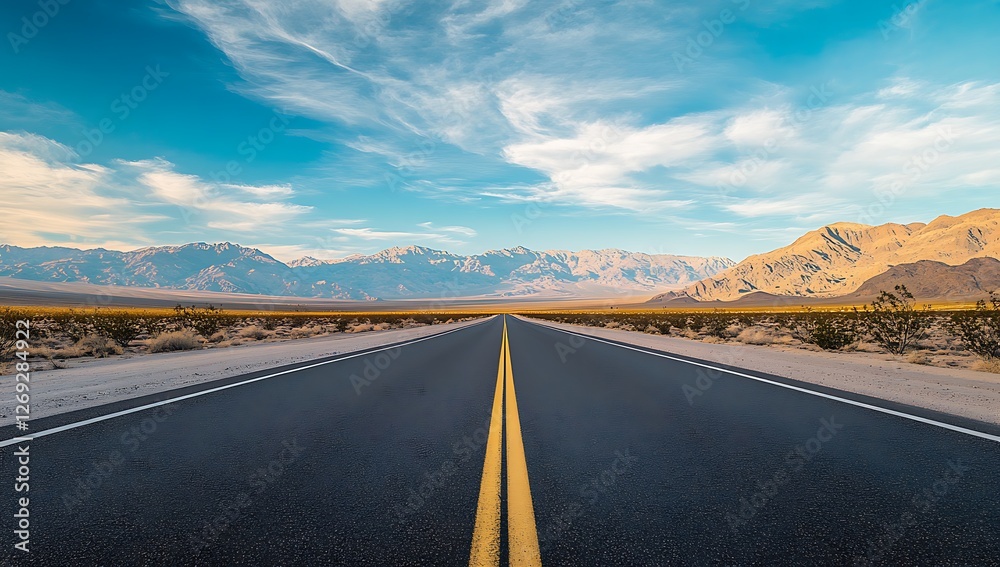 Naklejka premium A long straight road stretches across a vast arid landscape under a bright blue sky with wispy clouds and distant mountains conveying a sense of journey adventure and open road freedom
